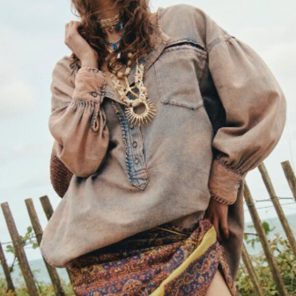 NEW Pink Denim Dreaming Pullover Oversized ruffled trim Blouse - Picture 3 of 10